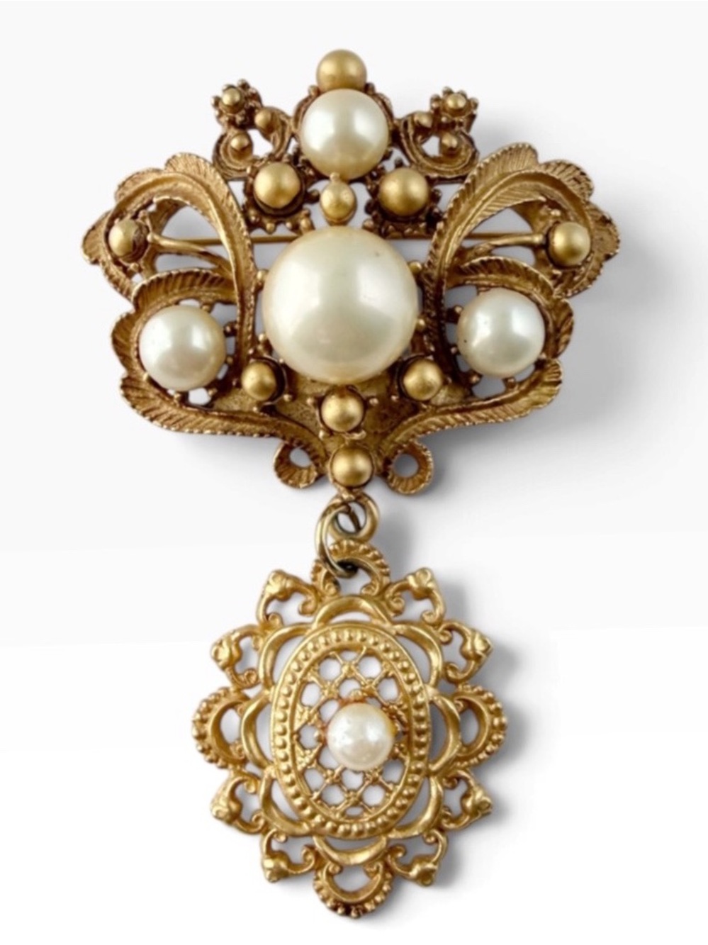 Vintage Art Nouveau Revival Ornate Faux Pearl Drop Dangle Brooch Antiqued Golden
